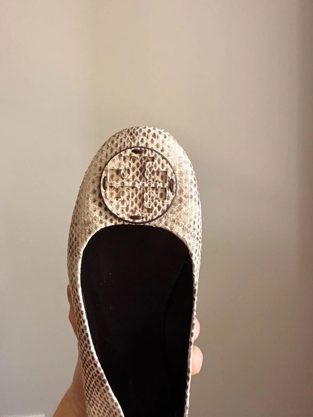 Tory Burch Reva Snake Print Leather Logo Ballet Flats 6 1/2